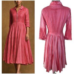 Ritu Kumar Pink Crinkled Midi Dress Collared Fit & Flare Romantic Cottagecore XS